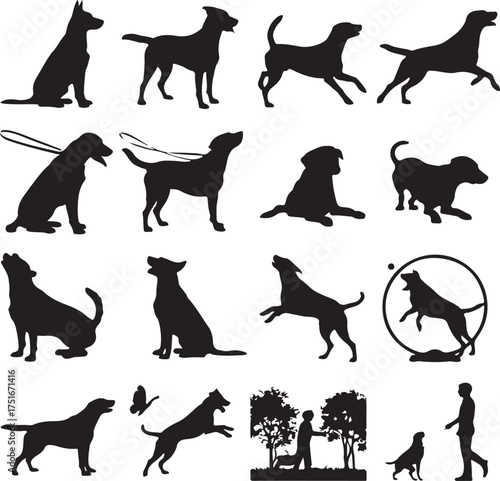 Collection of dogs in various poses in black silhouette format