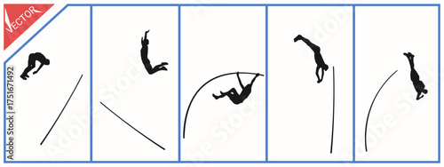 Various silhouette poses of pole vault athletes. Athletic sports theme. Vector illustration.