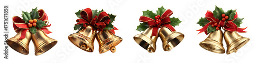 Set of Classic Christmas bell duo with holly arrangement, isolated on transparent background.
