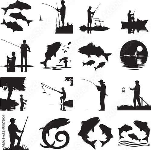 Collection of fishing icons and silhouettes for outdoor recreation activities