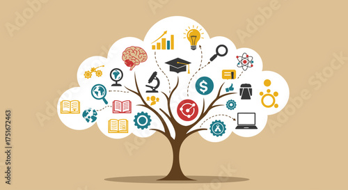 Knowledge Tree Illustration with Education and Science Icons