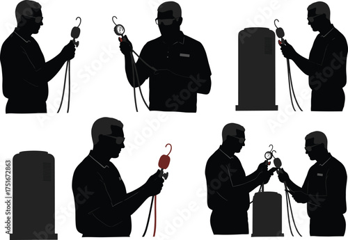 HVAC technician using manifold gauges, air conditioning diagnostics, silhouette worker, cad drawing flat vector illustration, repair tools, pressure check, safety gear