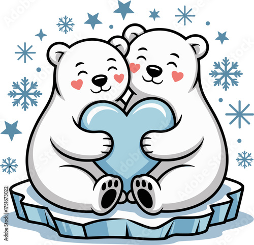 Adorably Cute Polar Bears Hugging a Light Blue Heart on an Ice Floe Surrounded by Falling Snowflakes and Stars for Bundle Design