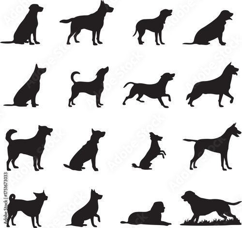 Collection of Various Dog Breed Silhouettes in Different Poses Isolated