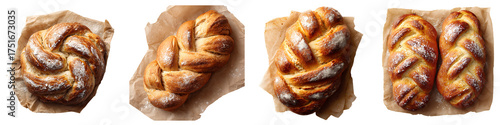 Set of top view of freshly baked braided bread on parchment paper, isolated on transparent background.