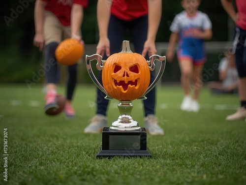 Halloween pumpkin trophy competition sports field kids event outdoor close-up fun activities