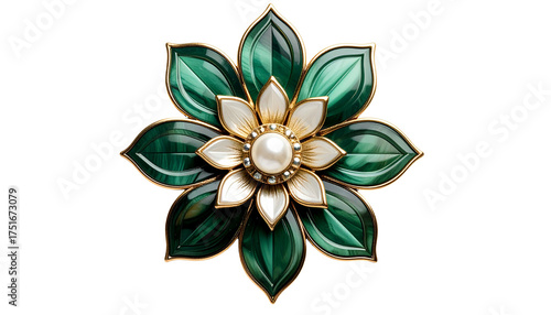 Ornate flower brooch with malachite and pearl against black
