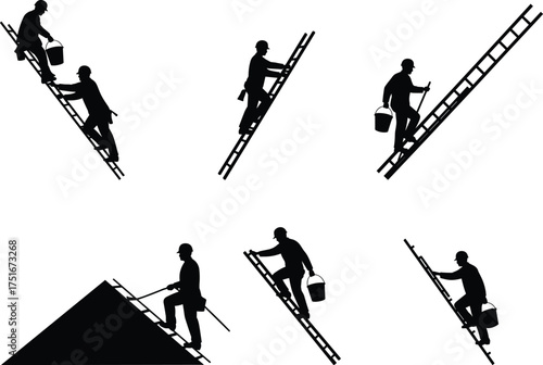 Roof workers climbing ladders silhouette set, construction labor vector, safety gear, bucket, tool, rooftop pose, cad drawing flat vector illustrationv
