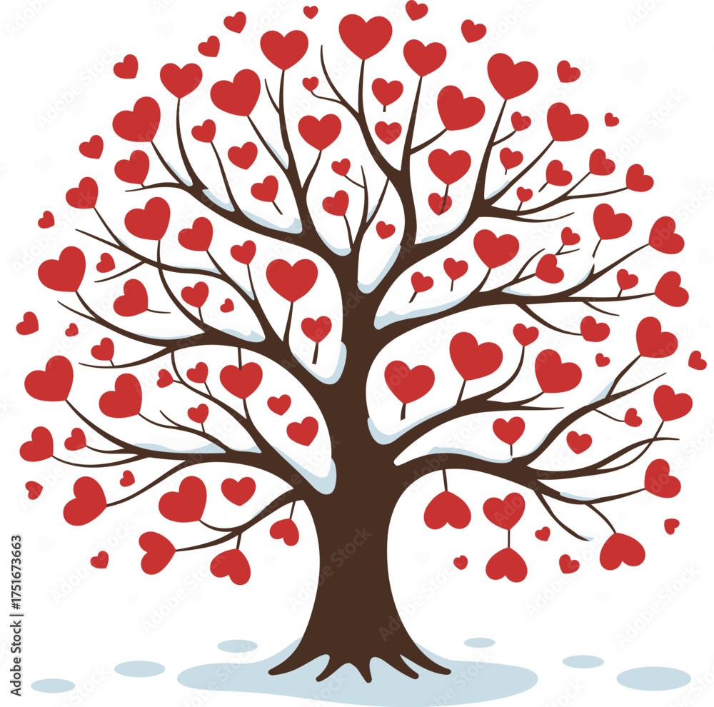 Fototapeta premium A Whimsical Winter Wonderland Tree Adorned with Heart Shaped Leaves Symbolizing Love and Joy Amidst a Gentle Snowfall