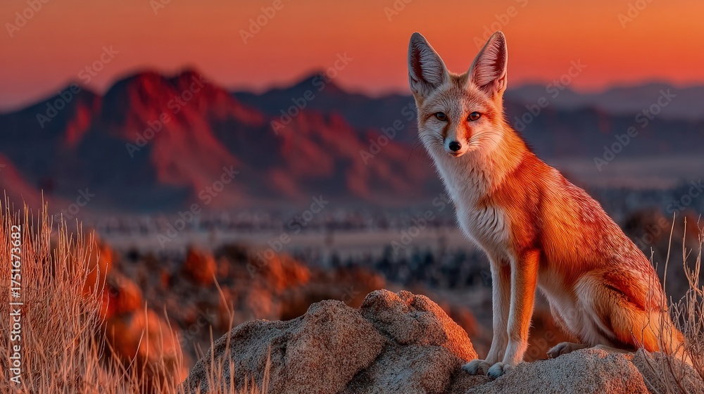 Naklejka premium A curious fennec fox exploring a desert landscape at sunset sand dunes in the background exotic pet