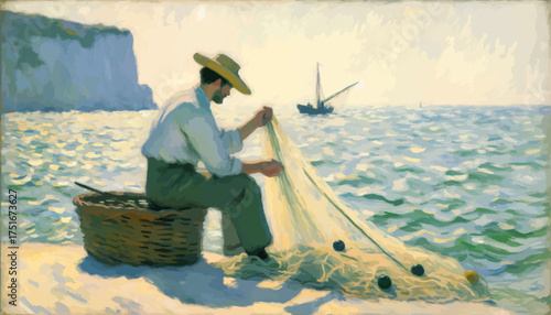 Fisherman peaceful mending net on the shore with boat and cliff background