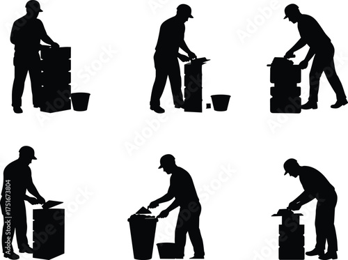 Silhouette man interacting with trash bin and boxes, waste disposal, organization, posture actions, cad drawing flat vector illustration