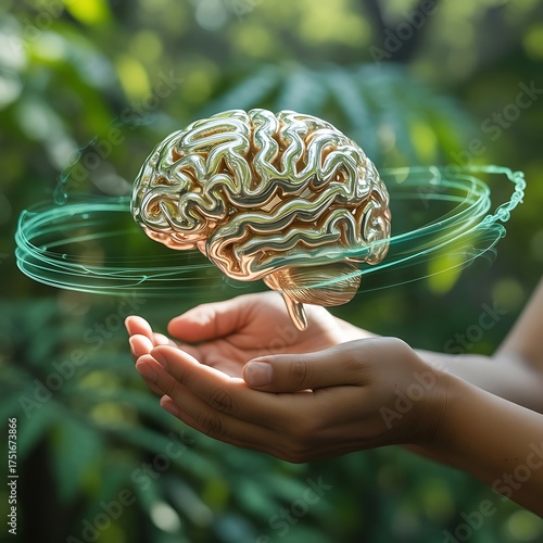 Hands holding glowing abstract brain with green smoke