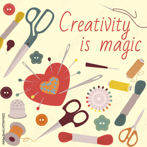 Vector illustration of sewing tools and a heart design with the phrase Creativity is magic. Features scissors, needles, thread, and buttons, symbolizing creativity in crafts.