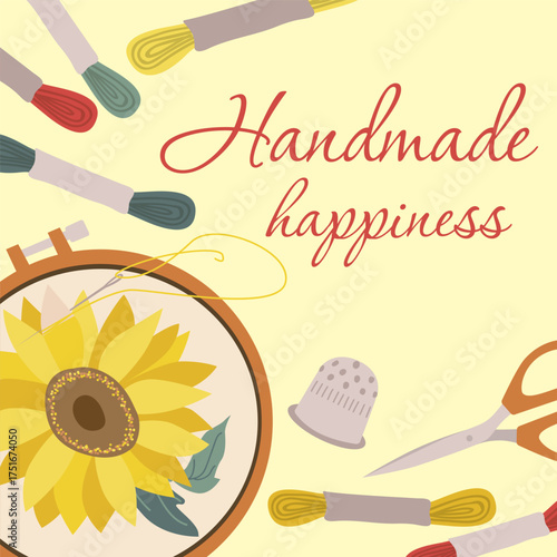 Vector illustration depicting embroidery of a sunflower surrounded by sewing tools including threads, scissors, and a thimble. Perfect for craft, sewing, and handmade projects.
