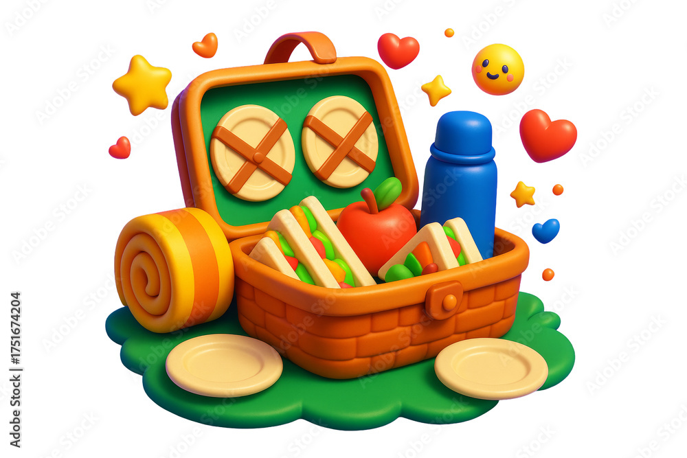 Obraz premium Picnic basket with food, thermos, plates, and emojis in playful graphic style on white isolated background, concept of outdoor lunch fun, Ai generative
