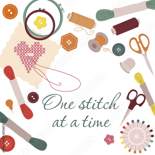 Vector illustration of cross stitch supplies arranged around a heart design on fabric. Includes scissors, threads, embroidery hoop, thimble, and buttons, highlighting a crafting theme.