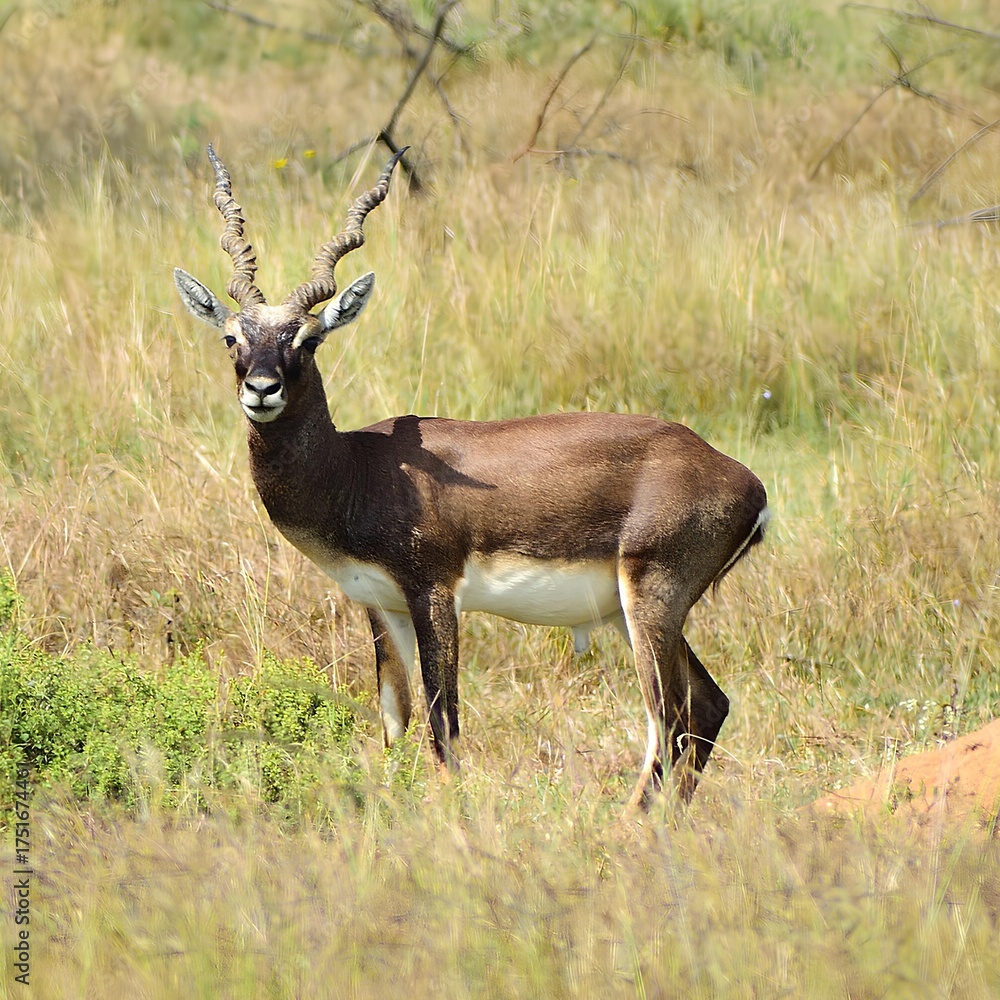 Fototapeten Antilope Antilope - Male blackbuck antelope in grassland, India #1751674461