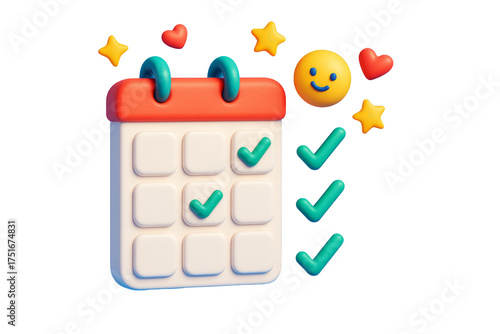 3D calendar with checkmarks, emoji, hearts, and stars in playful style, isolated on white background, concept of planning and productivity. Ai generative