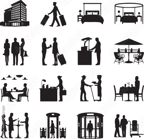 Hotel services and facilities illustration showing various amenities and activities