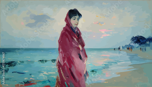 Woman serene gazing at the ocean on a tranquil beach at dusk