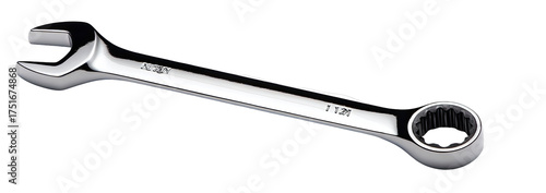 Chrome-plated adjustable wrench with a long, slender handle and a circular socket