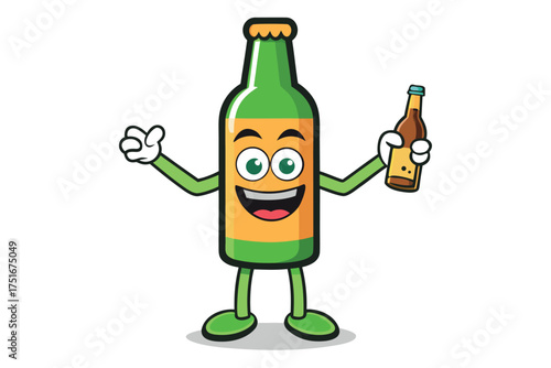 Cartoon beer bottle character holding another bottle isolated on white background