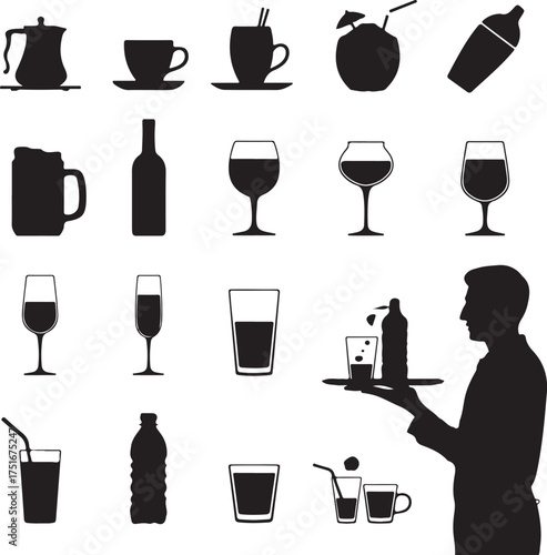 Selection of Black and White Beverage Illustrations with Waiter Silhouette