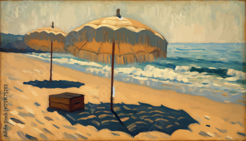 Two Beach Umbrellas Painting in Warm Tones Representing Summer Vacation on the Coast