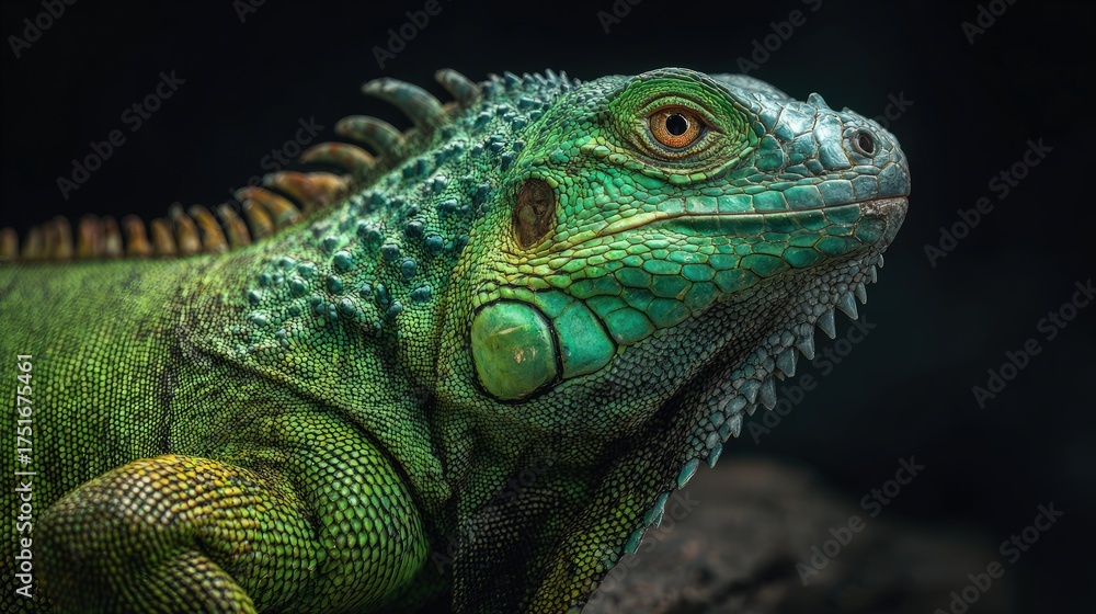 Fototapeta premium A close-up portrait of a vibrant green iguana showcasing detailed scales reptiles in their natural tropical habitat