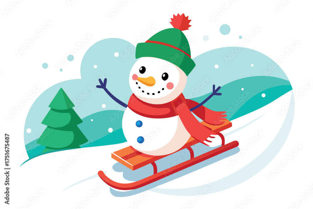 Fototapeta premium Snowman on sled in winter landscape isolated on white background