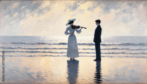 Man and Woman Playing Violin Painting in Serene Light Representing a Romantic Beach Performance