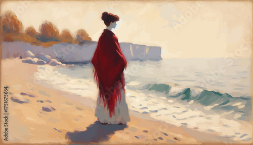 Woman in Red Shawl Painting in Golden Light Representing Coastal Solitude