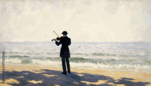 Man Playing Violin Painting in Soft Light Representing a Solitary Beach Performance