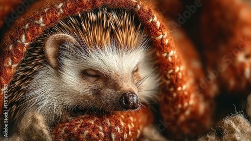 An endearing hedgehog curled up tightly asleep amidst soft bedding exotic pet