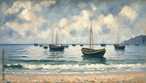 Fishing Boats on Ocean Painting in Blue Hues Representing a Calm Harbor Scene