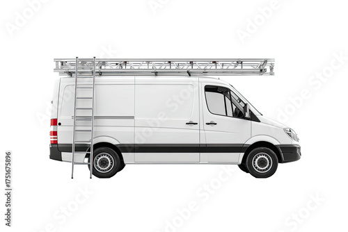 Side view of a white van with a metal ladder rack mounted on the roof