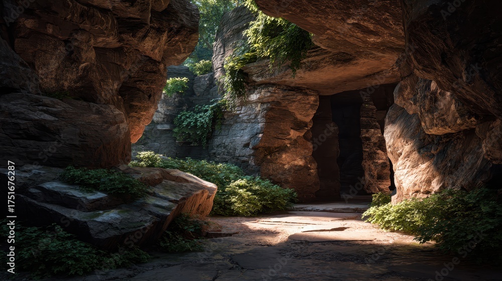 Obraz premium Sunlit cave entrance with rugged rocks and lush green vegetation. Use to illustrate nature, adventure, mystery or exploration.