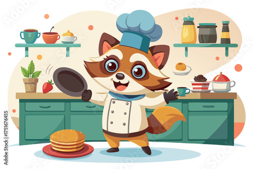 A cheerful raccoon chef preparing pancakes in a cozy kitchen isolated on white background, ready to serve a delicious meal