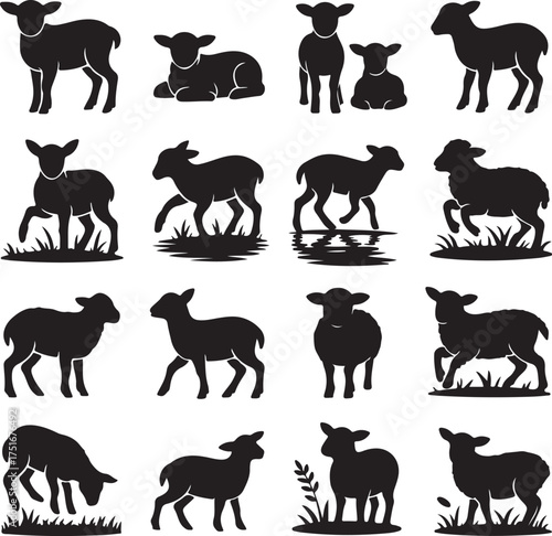 Silhouette Vector Art of Lambs and Sheep in Various Poses