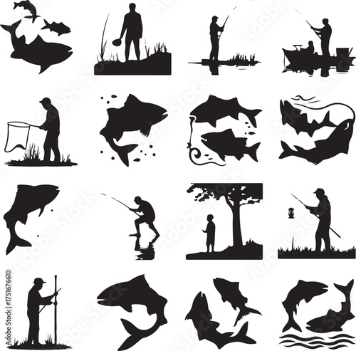 Silhouetted Fishing Illustrations with Fisherman and Fish Catch Designs Art