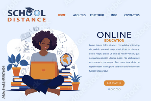 Vector illustration of a student using a laptop for online education, surrounded by educational elements such as books and a globe, conveying a relaxed and focused study atmosphere.