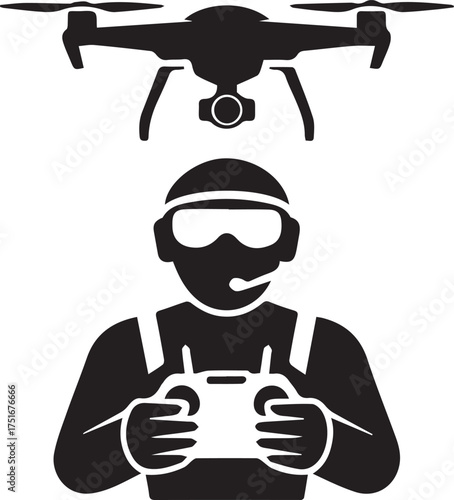 Drone Operator Silhouette with Remote Control and Flying Drone
