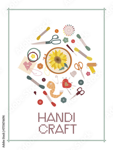 Colorful vector illustration showcasing a variety of embroidery and sewing tools. Includes scissors, thread, needles, and a floral hoop, highlighting handicraft creativity and artistry.