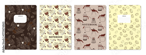 Set of four coffee-themed notebook covers featuring patterns of coffee beans, mugs, French presses, and leaves. Vector illustration emphasizes a stylish and cozy coffee aesthetic.