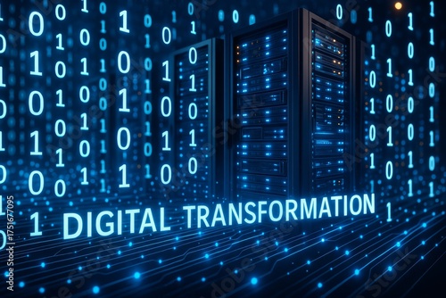 Digital Transformation and Technology: Showcasing cutting-edge technology and its impact, this image presents a futuristic representation of a modern datacenter, data streams, binary code.