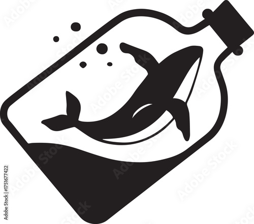 Black whale swimming inside a tilted glass bottle with bubbles