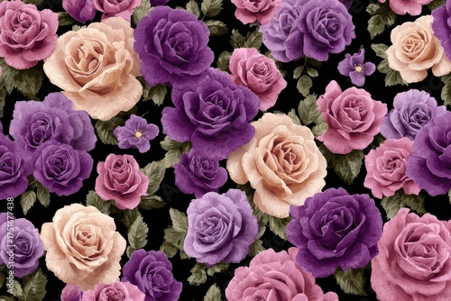 Purple, pink, and peach roses bloom on a dark background with green leaves. Use this for backgrounds, textile prints, cards, and other designs.