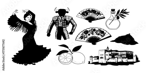 Spain icons set. Spanish traditional symbols and objects
