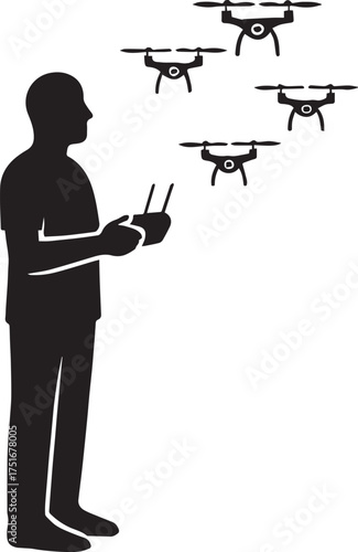 Person Silhouette Operating Multiple Drones, Quadcopter
